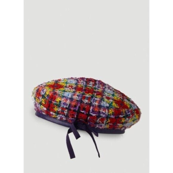 NWT GUCCI LAME BERET CAP Check Lame Sz S Multicolour Violet Tweed - Picture 1 of 12